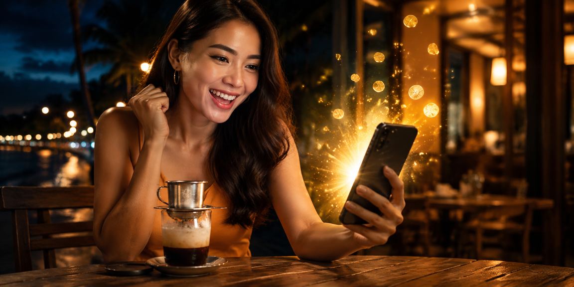 Người dùng tại Mũi Né đăng ký tài khoản và nhận thưởng lần đầu qua điện thoại bên tách cà phê